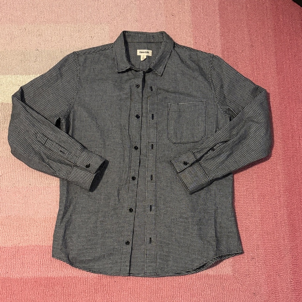 Open Edit Men's Houndstooth, Black and White Button Down Shirt